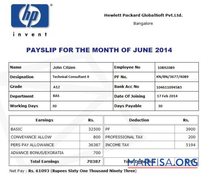 Blank HP Hewlett Packard GlobalSoft Pvt.Ltd payslip sample